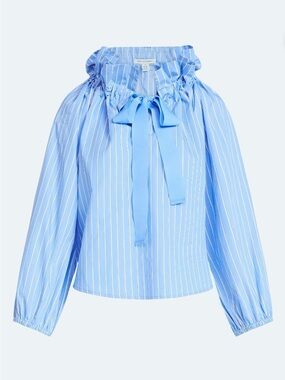 NWT Free Assembly Women's Ruffle Tie Neck Top Long Puff Sleeves Size XS Blue